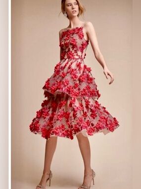 Marchesa Red Floral 3D Appliqué Tulle Midi Dress